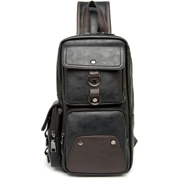 💫 Men Black Vintage Leather Sling Backpack Crossbody Chest Shoulder Bag - Picture 1 of 6